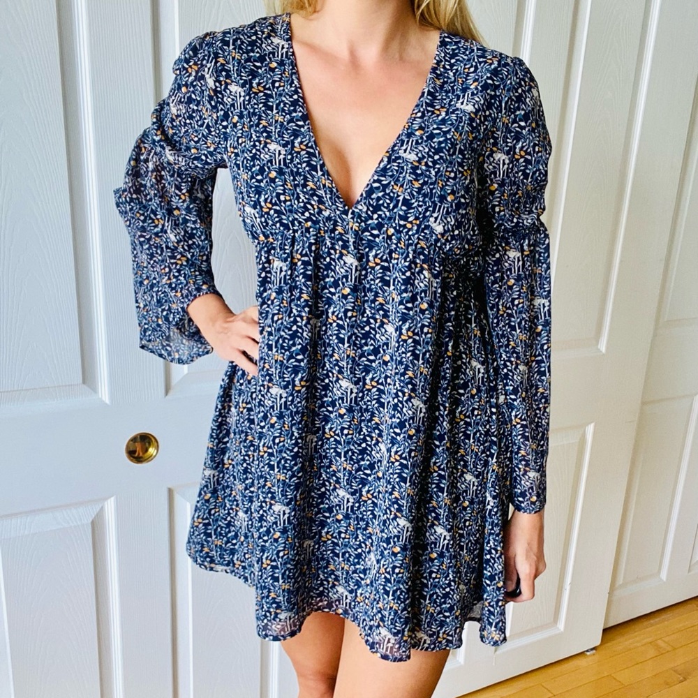 Lucca Couture blue floral dress with bell sleeves